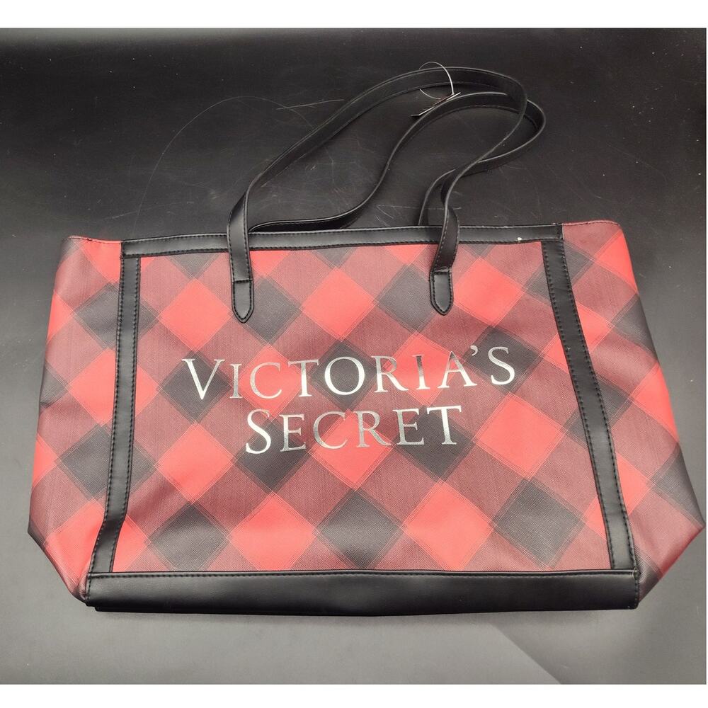 Victoria’s Secret Red Black Plaid Tote Bag Large Shopping Shoulder Bag